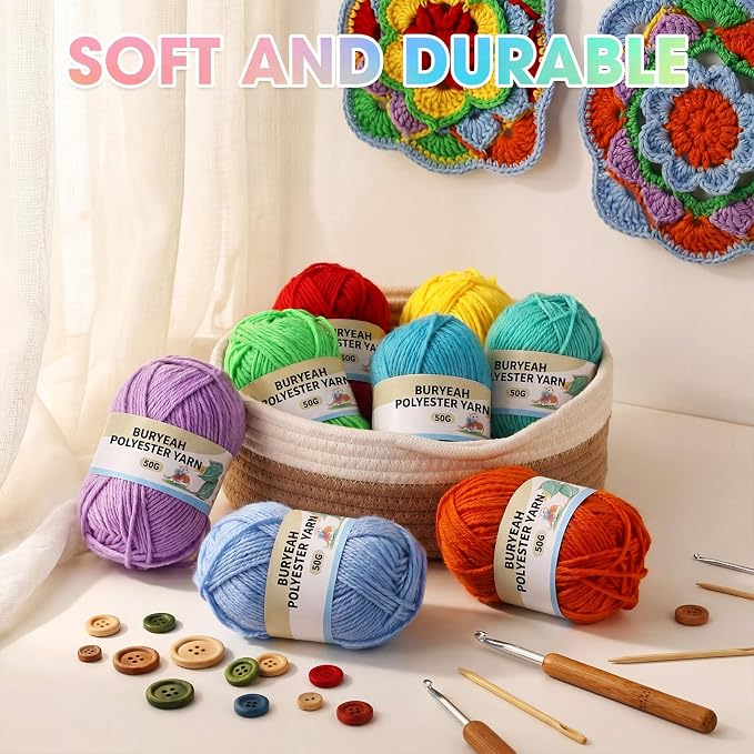 Buryeah Rainbow Series 8 Packs Crochet Yarn Knitting Bundle Beginner Acrylic Thread Fluffy Hand Tube Polyester Yarn Needles Bulky Kit Variety Pack 726 Yards for Weaving Crafts DIY Project Beginner
