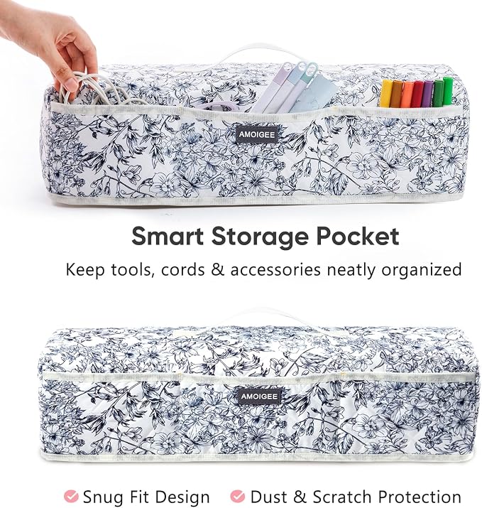 AMOIGEE Dust Cover for Latest Cutting Machine Cricuttt Explore 5, Quilted Protective Cover with Storage Pockets for Cutting Machine, Floral Fabric Anti-Dust Cover for Craft Machine Organizer