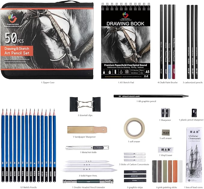 H & B 50PCS Drawing Sketch Pencils Art Supplies Kit with A5 Sketchbook | Pro Graphite, Charcoal Pencils & Pastel Kit, Travel Art Case Set, Ideal Drawing Set for Artists, Beginners and Adults