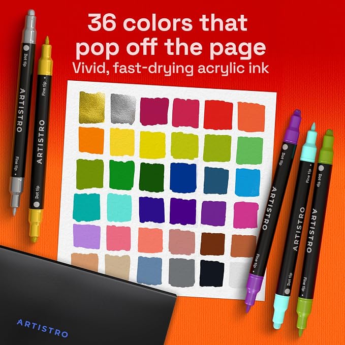 ARTISTRO Dual-Tip Acrylic Paint Marker Pens - Set of 36 | For Fabric, Rock, Glass, Wood, & Coloring Books, Arts & Crafts Gift, Classroom Must Haves & School Supplies (Dot & Fine Tips)
