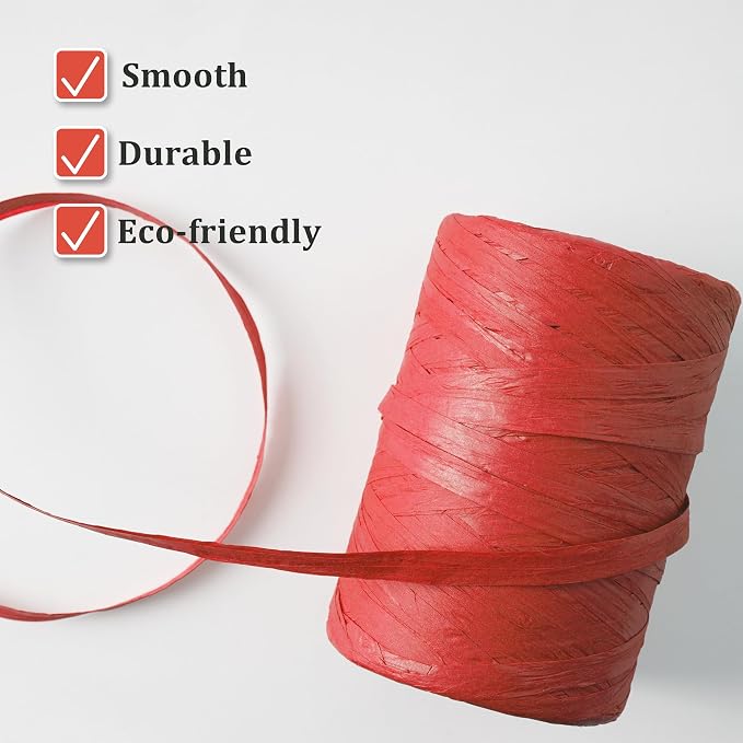 Raffia Ribbon Yarn for Crafts - Raffia Grass Twine for Gift Wrapping, DIY Decoration, Blinds & More | Matte String Paper Rope - 1/4'' Wide, 109 Yards, Red