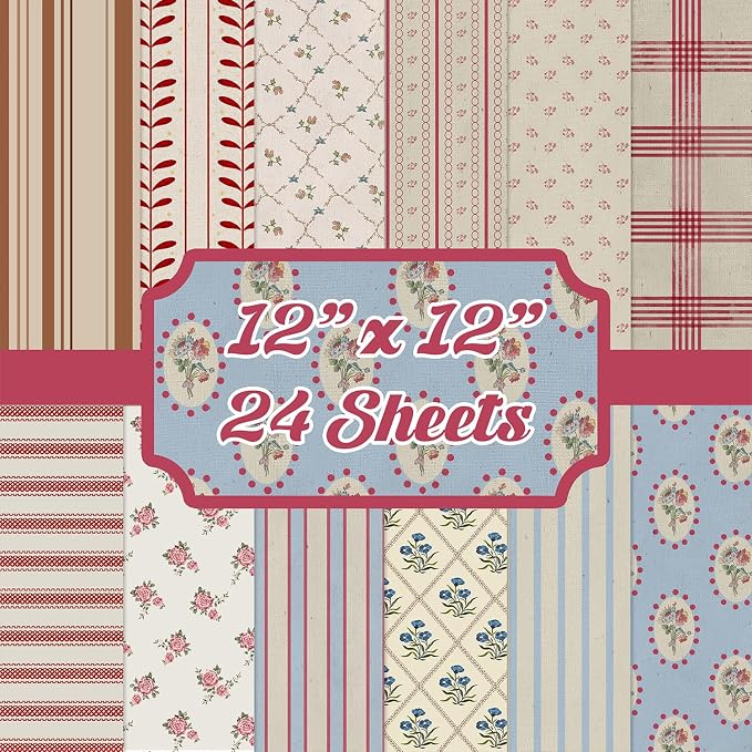 Striped Scrapbook Paper Vintage Flower Patterned Paper Pad 12×12,24 Sheets Double-Sided Bobo Floral Scrapbooking CardStock Papers Pad for Holiday Cardmaking DIY Origami Papers.