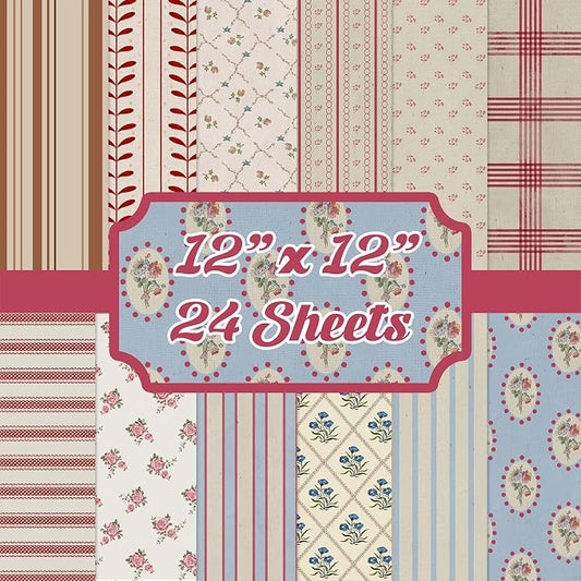 Striped Scrapbook Paper Vintage Flower Patterned Paper Pad 12×12,24 Sheets Double-Sided Bobo Floral Scrapbooking CardStock Papers Pad for Holiday Cardmaking DIY Origami Papers.