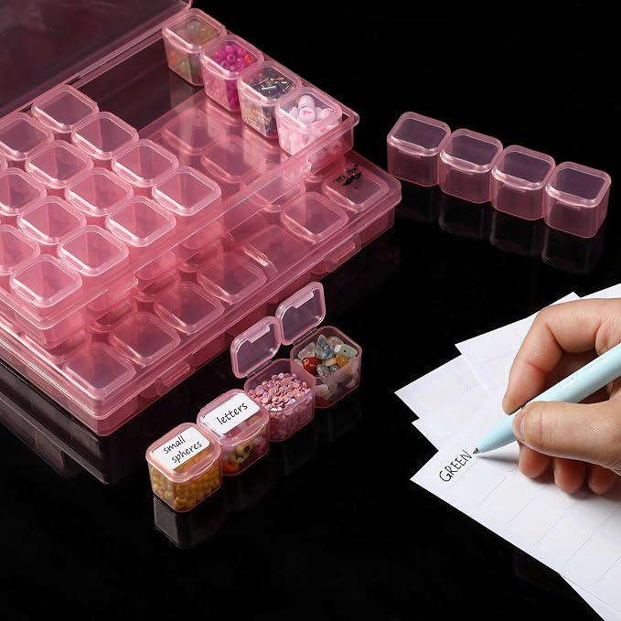 Mr. Pen- Bead Storage Containers, 28 Grids, 2 Pack, Transparent Pink | 160 pcs Label Stickers, Transparent, Small Bead Organizer Box, Diamond Art, Diamond Painting Organizer