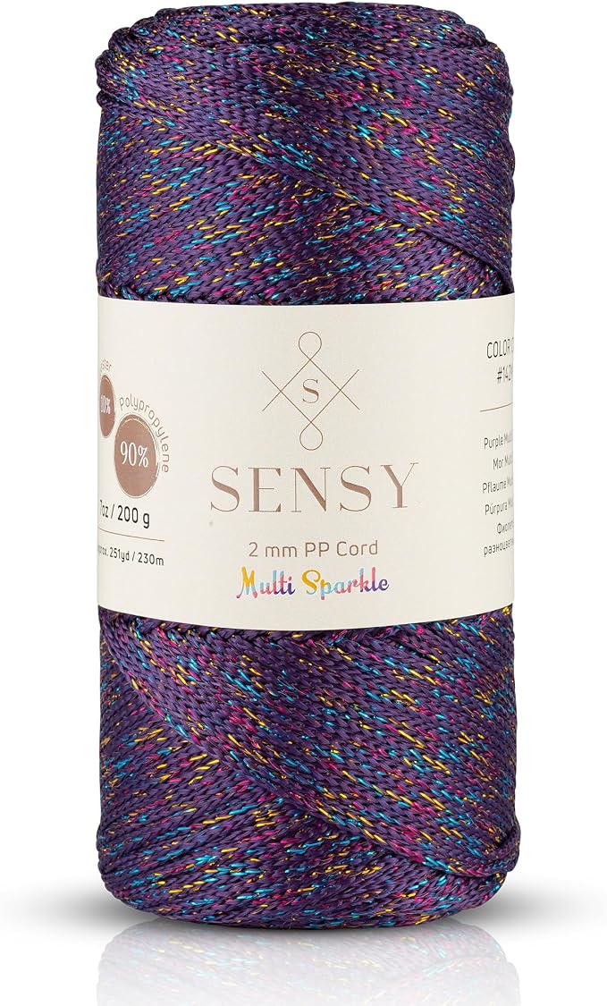 Sensy Premium 2mm 251 Yards Sparkle Polyester Rope 90% Polypropylene 10% Polyester Cord Macrame Cord 2mm Crochet Bag Cord Macrame Rope Crochet Thread for Knitter (Purple Multi Sparkle)
