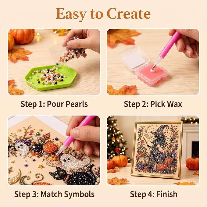 PYKI Halloween Ghost Pearl Art Kit - 3PCS 3D Diamond Painting for Adults, DIY Fall Home Decor, Beginner-Friendly Craft with Complete Supplies (Ghost+Pumpkin+Witch)