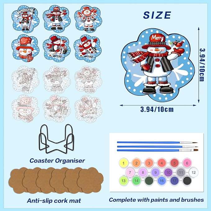 6 Pack Christmas Paint by Numbers Kits Coasters with Holder Cork Pads | Cute Mini Snowman Paint by Numbers Kits for Aldults, Special Shape Oil Painting Coaster for Small DIY Craft Holiday Gifts