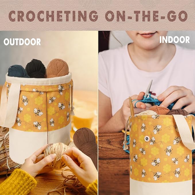 TOGETRUE Yarn Bag, Knitting Crochet Bag, Portable Yarn Storage Bags Organizer for Crocheting Project, Store Skein Ball, Short Knitting Needle (Medium, Bees)