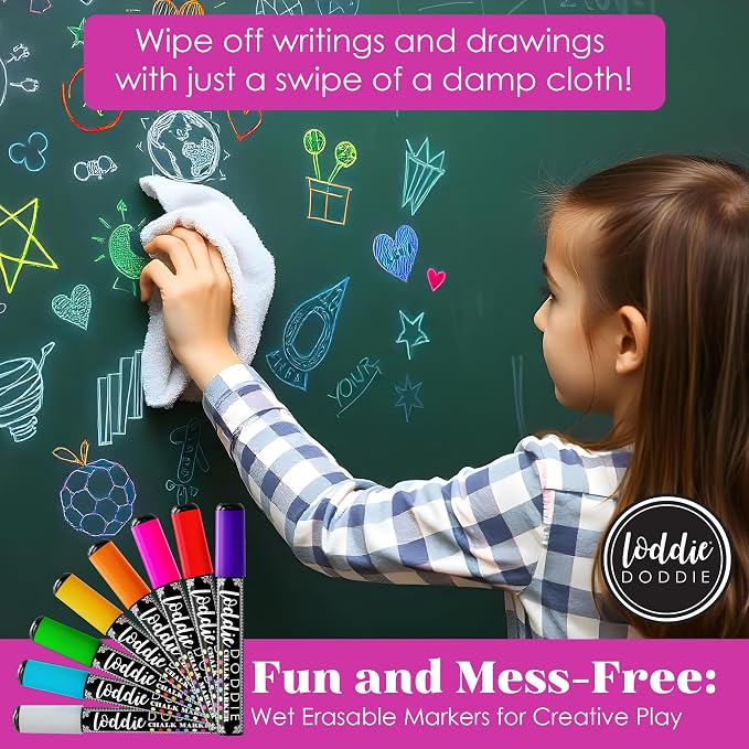 Loddie Doddie Liquid Chalk Markers, Chalkboard Markers, Dual Tips, 8 Pack | Classroom & Office Labels, Glass Markers for Windows, Non-Toxic Low Odor, Vivid Colors, Chalk Markers for Blackboard