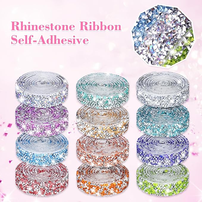 NiArt 12 Rolls Self Adhesive Rhinestone Ribbon 12 Yards DIY Classic