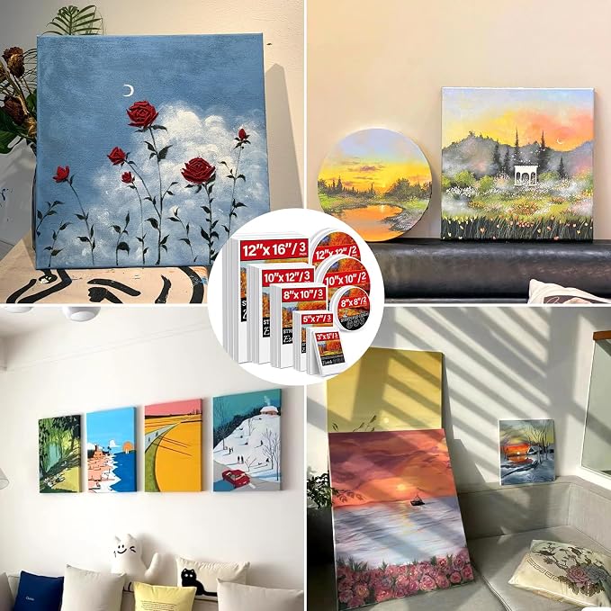 21 Packs Stretched Canvases for Painting, MultiSize 12x16, 10x12, 8x10, 5x7, 3x5, Round Canvas with 8x8,10x10,12x12, Primed Blank Canvas for Oil, Acrylic Paint,for Beginner, Artist.