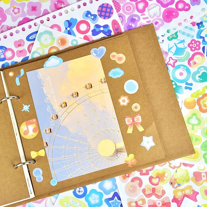 2300PCS Scrapbook Stickers Cute Butterfly Stars Heart Stickers Self Adhesive Korean Bows Ribbons Stickers Book for Kids Girls Boys Aesthetic Craft Scrapbooking Junk Journal Diary 50-Page