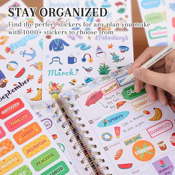 1000+ Holiday Seasonal Daily Monthly Planner Stickers for Women Men - Scrapbooking Supplies 24 Pages Sticker Book for Calendar Vision Board, Removable & Repositionable Junk Journal Supplies for Adults