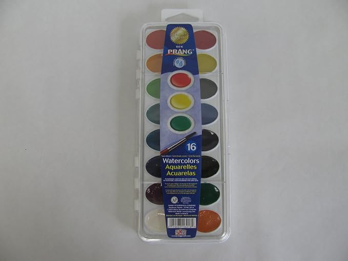 Prang Washable Semi-Moist Watercolors Oval Pan Set with Size 6 Paintbrush, Non-Refillable, 16 Assorted Colors, Pack of 1