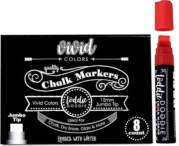 Loddie Doddie Chalk Markers for Blackboard, Wipes with Water, 15 mm, 8 Pack | Wipes Away with Water, For Glass & Non-Porous Surfaces, Smudge Proof, Jumbo Chisel Tip, Multicolor Set