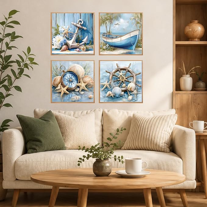 AUKELHJ 4 Pack Framed Paint by Numbers Kit for Adults, Beach, 8x8 inch