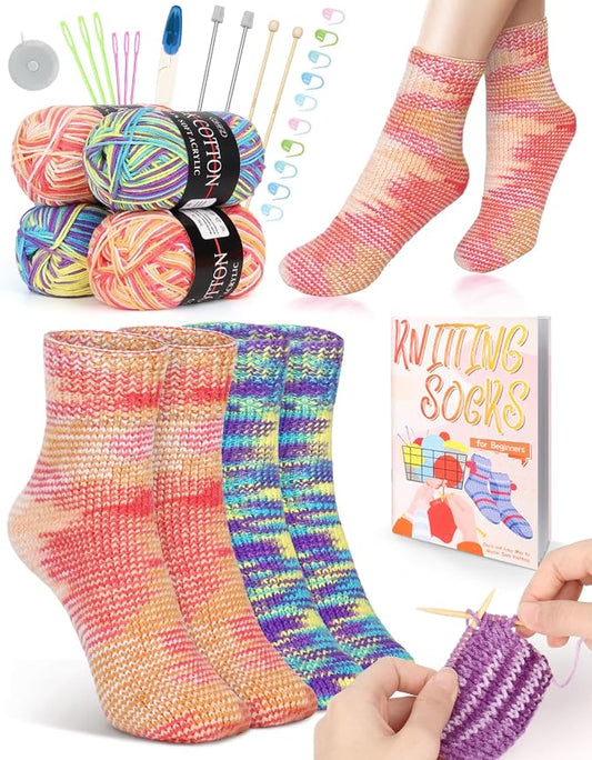 Katech Knitting Kit for Beginner Adults W/Socks Step-by-Step Instruction | 4 Pcs Socks Yarn Knitting Kit w/ Knitting Needles, Beginner Knitting Kit for Learn to Knit Sock Kits Gift Blue-orange