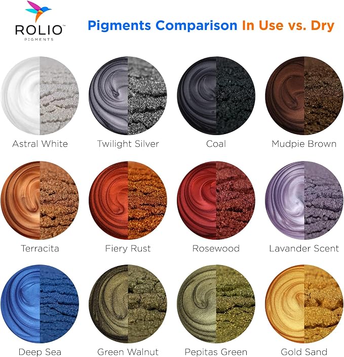 Rolio - Mica Powder Color Pigment Set - Earth Colors, 10g, 12 Jars | Pearlescent Color Pigments, Resealable Jars for Epoxy Resin, Soap Making, Candles, Slime, Nail Art, and DIY Crafts