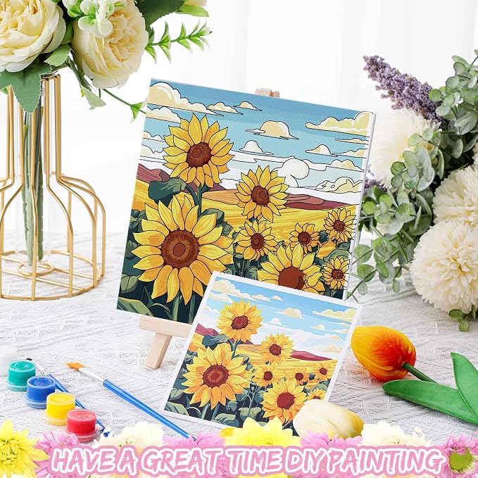 Tenceur 12 Sets Pre Drawn Canvas to Paint Adult Stretched Coloring Painting Canvas Panels with Design Easel and Brushes for Party Supplies Beginner Favor(Flower)