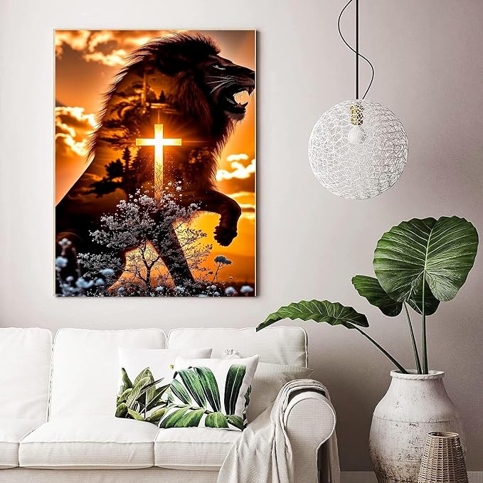 ijbnhd Diamond Art Kits for Adults 5D Lion Cross 12X16Inch
