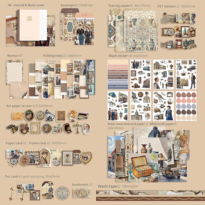 Museum Scrapbooking Supplies Kit, A6 Notebook, Vintage Junk Journaling Kit
