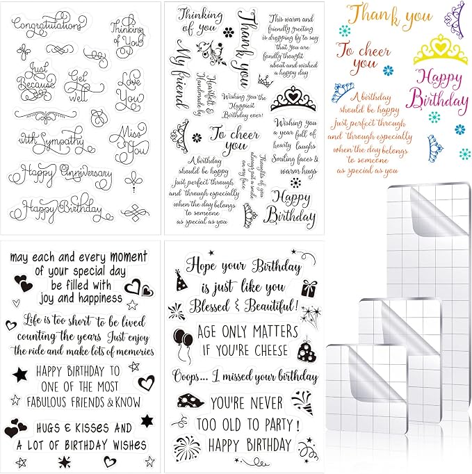 Clear Stamps for Card Making, 4 Sheets Sentiments, 3 Acrylic Blocks | Happy Birthday Rubber Stamps, Grid Line Blocks, DIY Scrapbooking, Journaling, Ink Pad Compatible