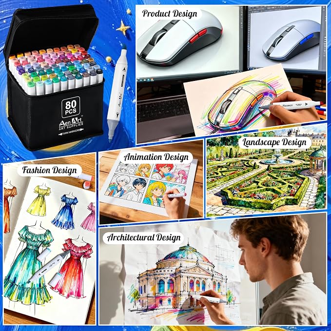 AenArt Alcohol Markers, 80 Color Dual Tip Art Drawing Markers, Artist Pens with Organizing Case for Adult Drawing Coloring Sketching（White Barrel）