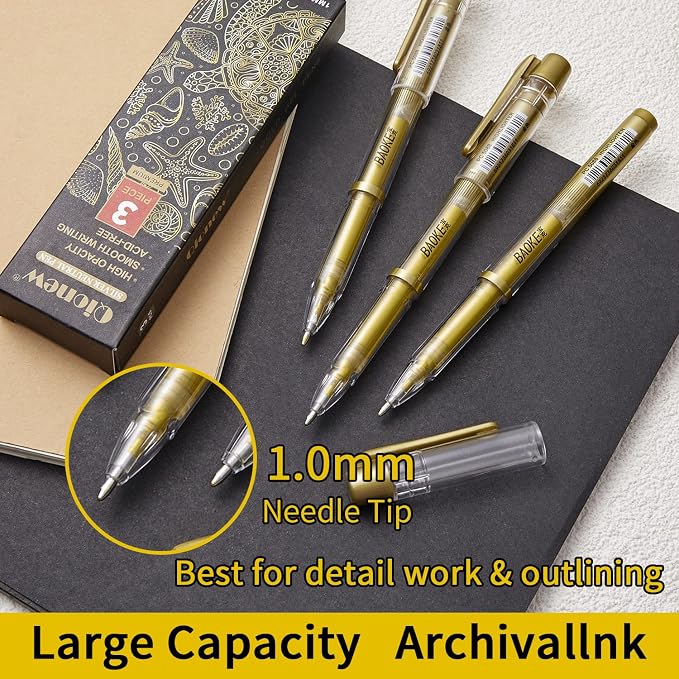 Qionew Gold Gel Pens, 3 Pack, 1mm Fine Gel Ink Pen, Opaque Ink, for Artists Drawing on Black Paper, Sketching, Illustration, Card Making, Bullet Journaling