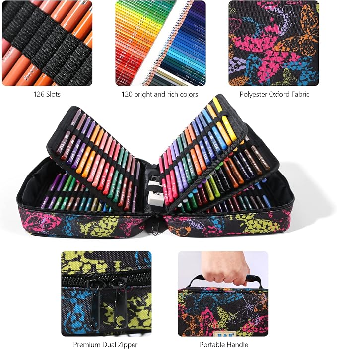H & B 120 Colored Pencils for Adults & Beginners with Case & Coloring Book | Oil-based Soft Cores for Smooth Drawing & Coloring - Vibrant Blendable colors - Portable Travel Kit with Sharpener & Eraser