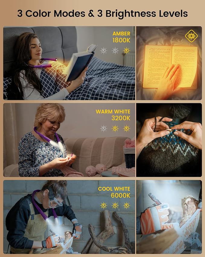 Glocusent Upgraded LED Neck Reading Light, Book Light for Reading in Bed | 30-min Timer, 3 Colors & 3 Brightness, Rechargeable, Eye-Caring Perfect for Women, Knitting,Crocheting, Repairing,Christmas