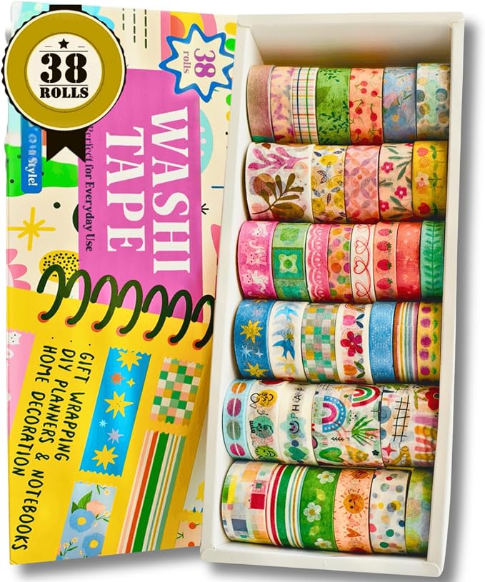 Washi Tape Set (38 Rolls) - Floral Scrapbooking Supplies Kit with Ephemera & Stickers for Junk Journal, Bible Study, Bullet Journaling Craft Projects