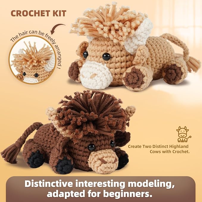 MOREJMTT Crochet kit for Beginners Adults, Learn to Crochet, Include Easy Knitting Soft Yarn, Step-by-Step Video Tutorial, Hook, Holiday Birthday Gift for Adults (Highland Cattle)