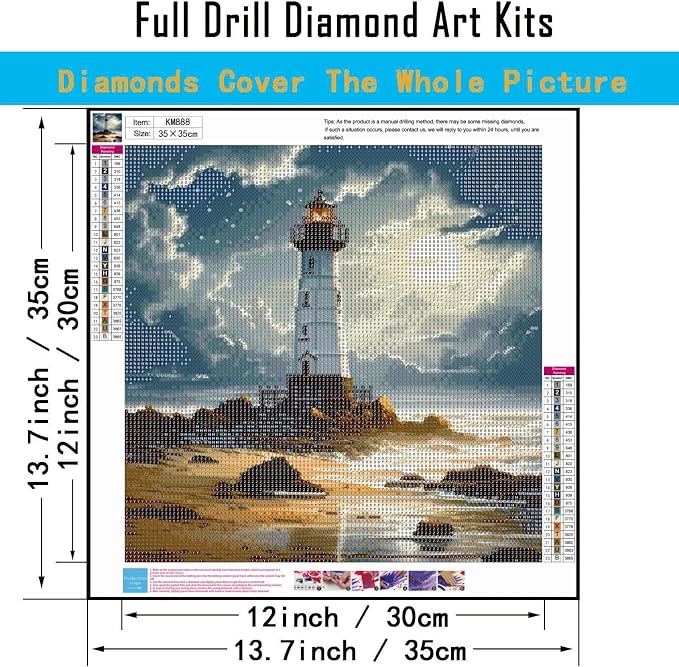 5D Lighthouse Diamond Art kits for Adults Beginners 13.7x 13.7 Inch | Landscape Diamond Painting Kit DIY Full Round Drill Paint by Diamonds Dot Gem Art for Adult, Home Wall Decor