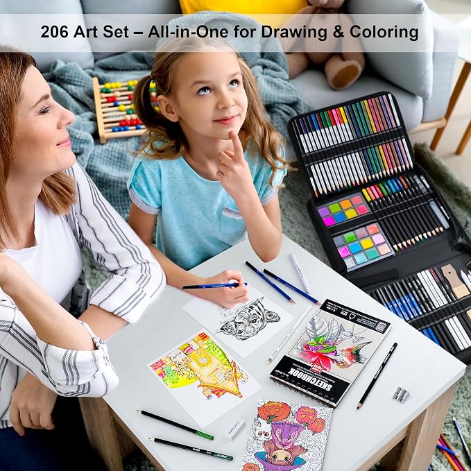 KALOUR 206 Drawing Set Sketching Kit,Art Supplies with 3-color Sketchbook & Coloring Paper,Include Tutorial, Colored, Graphite, Charcoal, Watercolor & Metallic Pencil,for Artists Adults Teens Beginner