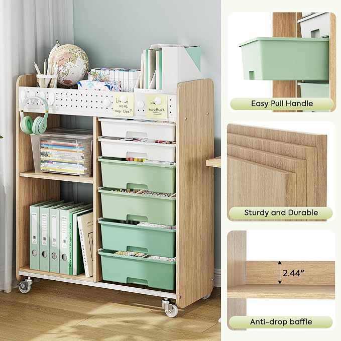 Rolling Craft Cart with 6 Drawers, Pegboard and Locking Wheels Green