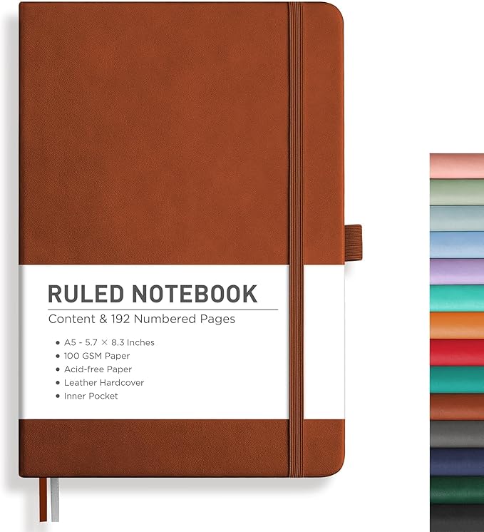 RETTACY Lined Journal Notebook, 192 Numbered Pages, A5 Size (5.7'' x 8.3'') | Leather Hardcover, 100 GSM Thick Paper, for Men & Women, Journaling, Writing, Work & Office (Brown)