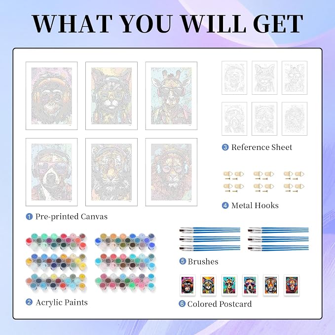 Okarina 6 Pack Paint by Numbers Kit for Adults & Beginners, Animals Designs | Paint by Number Kits on Canvas without Frame, 10x14 Inch, DIY Painting Kit for Home Wall Decor, Gifts for Women & Men