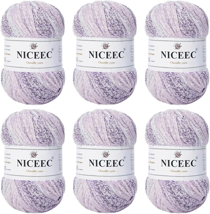 NICEEC 2 Skeins Soft Chenille Yarn 2x255m(2x279yds,3x150g)_Foggy Purple