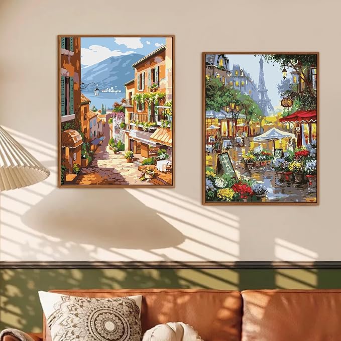 QUITEDEW 2 Pack Adult Paint by Numbers Kit in Colorful Box,11.8x15.7Inch | Paint by Number Kit for Adults,Adult Paint by Numbers,Town Oil Painting for Adults Garden Art Crafts for Home Decor