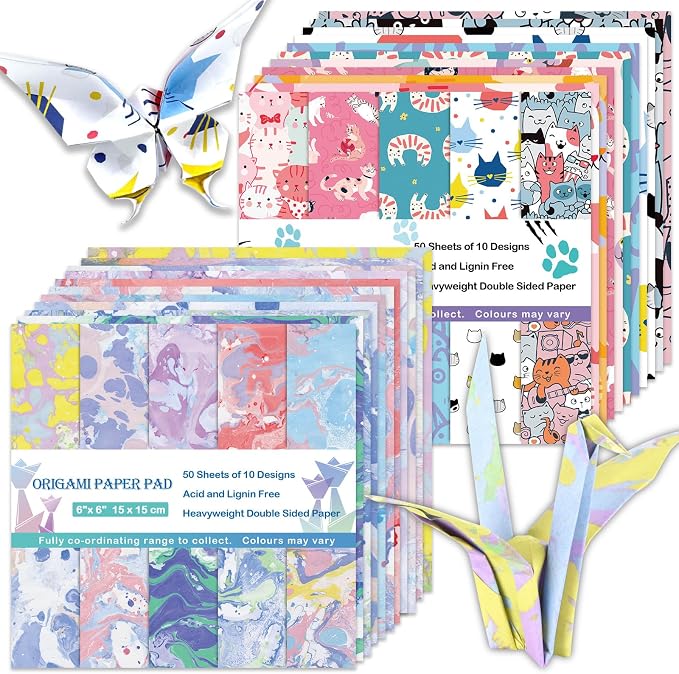 Origami Paper Kit 100 Sheets, 6x6 Inch Double Sided 40 Vivid Colored Paper | 70GSM Colorful Paper,40 Different Pattern Origami Kit,DIY Hand Crafts,Arts Creativity,Easy to Fold,No-Fading.Watercolor Cat