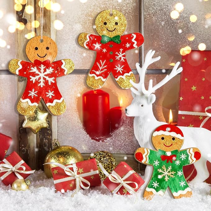 Large Size 7 inch Wooden Christmas Gingerbread Man Ornaments to Paint 10PCS, DIY Blank Cutouts Unfinished Wood Ornament for Home Crafts Hanging Christmas Decorations Winter