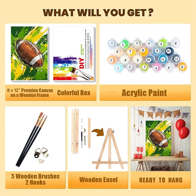 Football Paint by Numbers Kit for Kids with Framed Canvas - Wooden Easel | Ball Sports Paint by Numbers for Kids Ages 8-12, Acrylic Oil Painting Kits with Nice Gift Box for Wall Decor (12x8 inch)