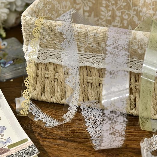 6 Rolls Lace Patterns PET Tapes Floral Arts Decorative Tape Set Adhesive Transparent Masking Tapes for DIY Craft, Kids, Scrapbook, DIY, Gift Wrapping, Journal (Pure White)
