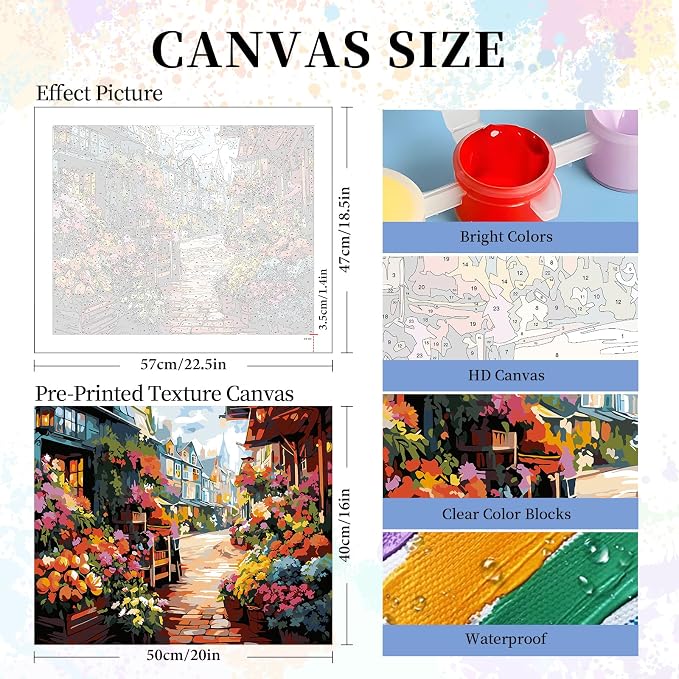 Paint by Numbers Kit for Adults, Flowers Street Number Painting Canvas Kit | DIY Acrylic Painting Set for Beginners, Stress Relief Relaxing Craft, Home Wall Decor, Holiday Gift for Adults, 16x20 Inch