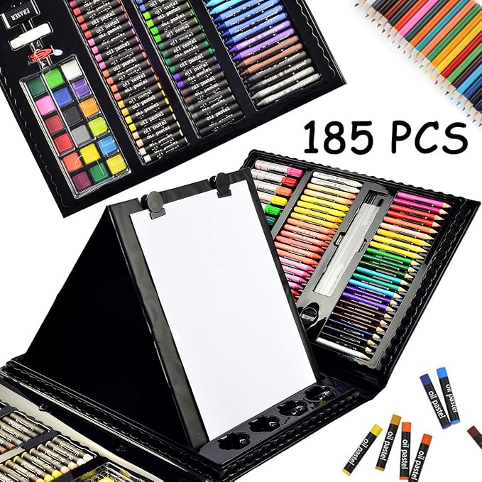 Sunnyglade 185 Pieces Double Sided Trifold Easel Art Set Art Supplies Black | Art Kit Drawing Art Box with Oil Pastels, Crayons, Colored Pencils, Markers, Paint Brush, Watercolor Cakes, Sketch Pad