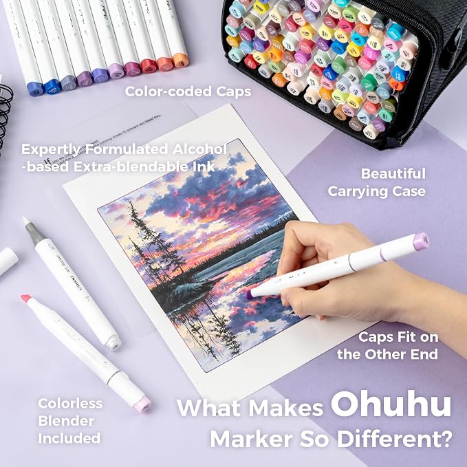 Ohuhu Alcohol Markers 104 Colors Brush& Chisel for Adults Cozy Coloring | AP Certified Refillable Art Marker, Dual Tips Alcohol-based for Artists Beginners Drawing Illustration Sketching, Honolulu
