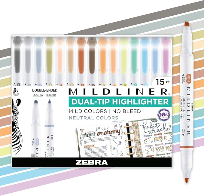 Zebra Pen MILDLINER Highlighter, Neutral Vintage Colors, Dual Tip, 15-Pack | No Bleed, Broad and Fine Point Tip, Ideal for Bible Highlighting, Journaling, School, Teacher and Office Supplies (78315)