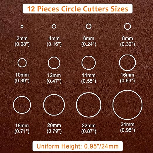 Leather Circle Cutter Tool Set, 12 Pieces Small Circle Punch Tools 2/4/6/8/10/12/14/16/18/20/22/24mm, High Carbon Steel Round Cutting Dies - Leather Hole Punch Tool Kit for DIY Leathercrafts