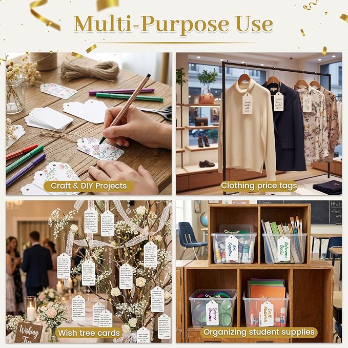 SallyFashion Large White Gift Tags with String, 100 Pack 2 X 4 inch | Scalloped Edge, Natural Jute String, Pre-Punched Design, Retail Price Tags and Wish Tree Cards