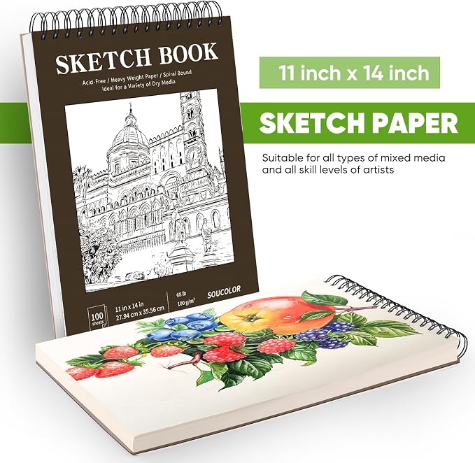 Soucolor 11"x14" Large Sketchbook,100 Sheets Thick Acid Free Sketch Pad | Spiral Bound Drawing Paper for Artists Students, Professional Art Supplies for Storyboard Urban Sketching Plein Air Painting